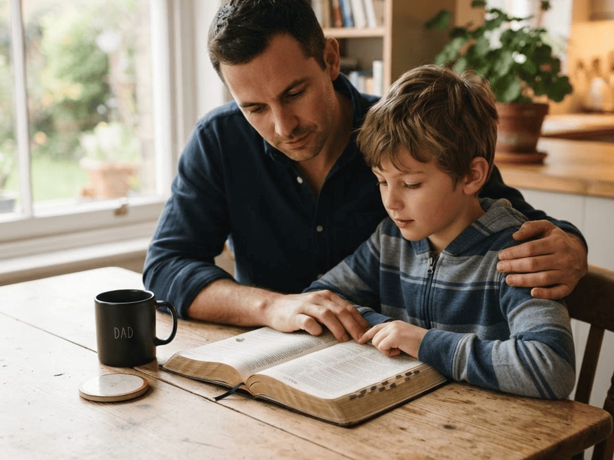Padre e hijo estudiando la Biblia juntos