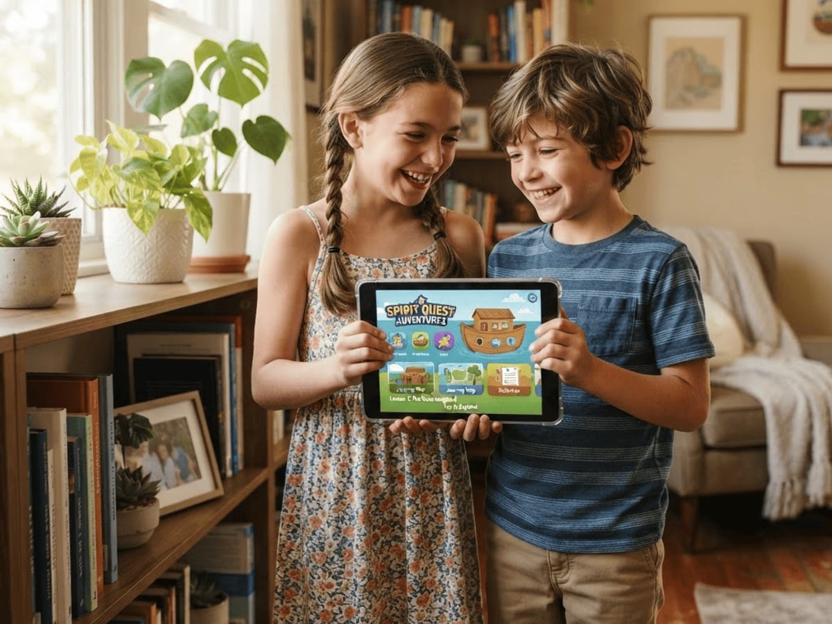 Niños sosteniendo un tablet con el contenido digital Descubriendo el Porqué de la Fe