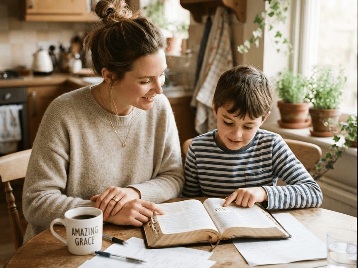 Madre e hijo estudiando juntos la Biblia